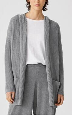 Eileen Fisher Women's Peruvian Organic Cotton Hooded Cardigan Lagenlook Size XL